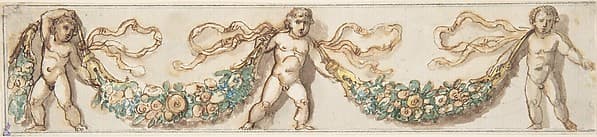 Classicizing Frieze with Three Putti holding up a Garland, by Anonymous, Italian, 19th century