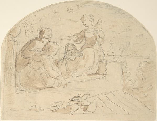 Three Women and a Child on a Roof, by Adrian Ludwig Richter
