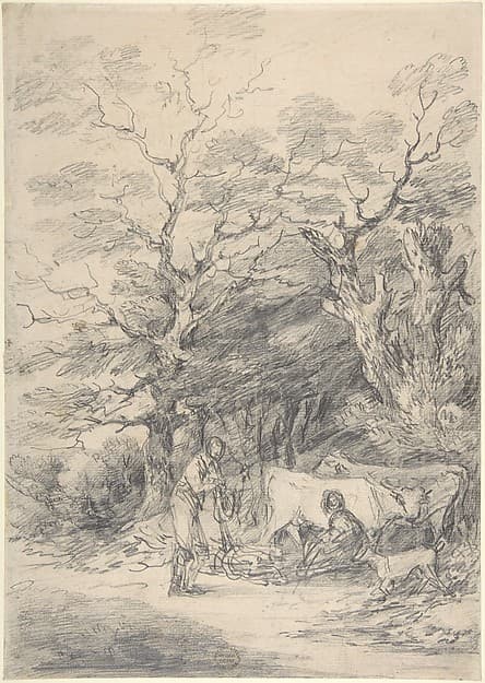 Landscape with cattle and figures; sketch for the Rustic Courtship, by Gainsborough Dupont
