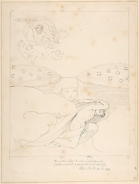 Sleep Escaping from the Wrath of Jupiter – "But gentle Night to whom I fled for Aid (the Friend of Earth and Heaven), Her Wings Display'd" (Pope's Iliad, Book 14, line 293), by John Flaxman