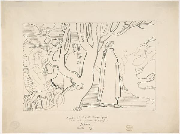 Dante and Virgil in the Suicidal Wood (Inferno, Canto 13, verses 22-23), by John Flaxman