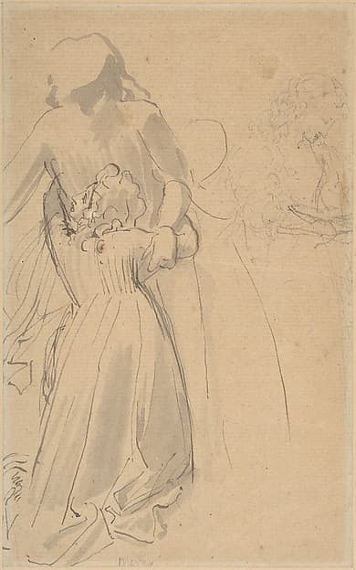 Sheet of studies with female figure kneeling and embracing standing figure, by John Flaxman