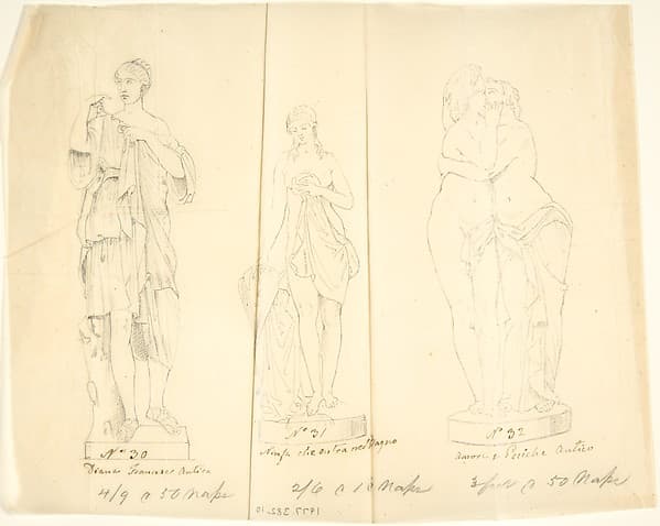 Sketches of three statues: Diana, Nymph Bathing and Cupid and Pysche, by John Gibson