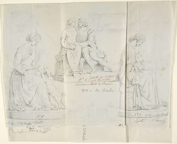 Sketches of seven statues: Faith, Paolo and Francesca di RImini, Charity, Ceres, Heavenly Venus, Dancer, and Sleeping Cupid, by John Gibson