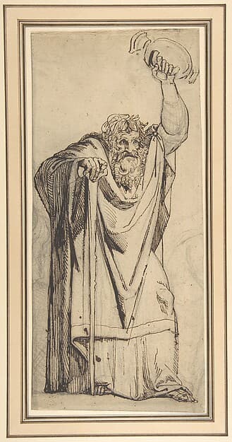 Study for the Prophet Jeremiah (recto); Studies of a Horse Seen from Below and of a Man Seated on a Chair, Probably a Self-Portrait and an Off-Print in Brown Ink of a Nude Female Abdomen and Legs (verso), by Henry Fuseli