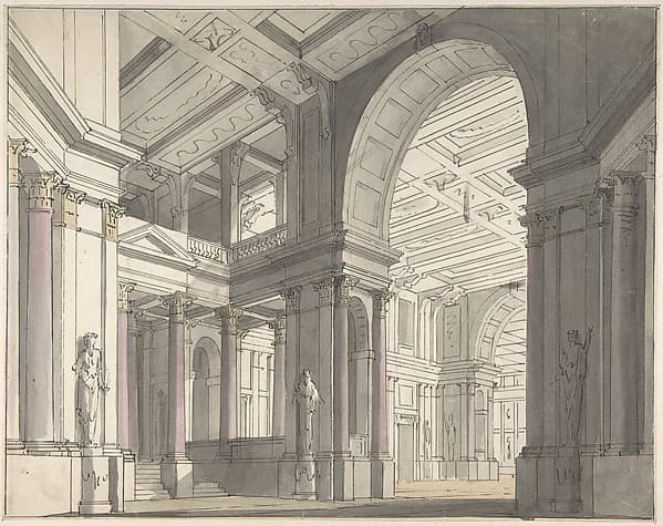 Design for a Stage set Showing the Interior of a Palace (recto); Architectural Sketch (verso), by Josef Platzer