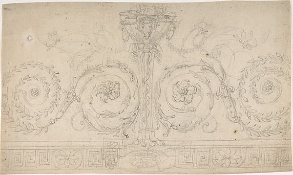 Ornament with Claw-footed Urn, Lynxes, Butterflies and Foliage above a Greek Meander, by Anonymous, German, 19th century