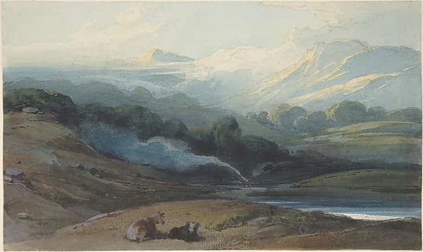 Cattle resting in a mountainous landscape, Bengal, by George Chinnery