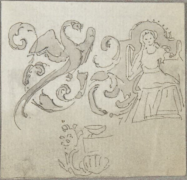Sketch of Seated Female Figure with Foliate Decoration, by William Pitts