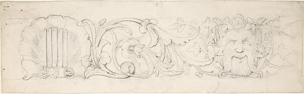 Design for Ornamental Frieze with Shell, Foliage and Satyr's Head (recto); Figural Studies (verso), by William Pitts