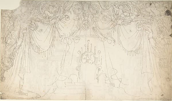 Design for Bed Alcove (recto); Studies for Statues and Carvings on Bed (verso), by William Pitts