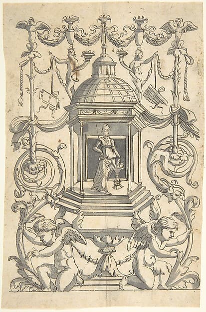 Grotesque with a Female Figure (Minerva?) in a Temple-like Structure with a Cupola, by Anonymous, Italian, 16th century