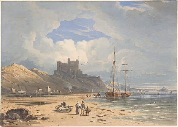 Bamborough Castle from the Northeast, with Holy Island in the Distance, Northumberland, by John Varley