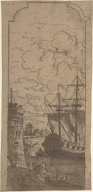 Framed Port scene with two figures, by Dominique Barrière