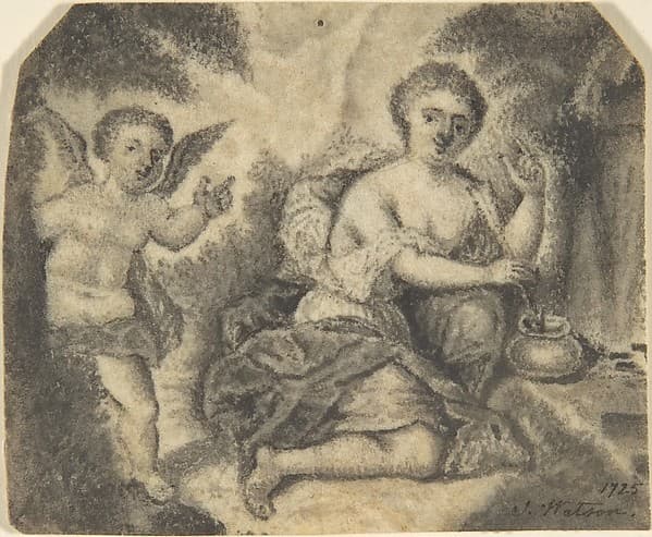 Venus Dipping an Arrow Into a Pot with Cupid to the Left, by S. Watson