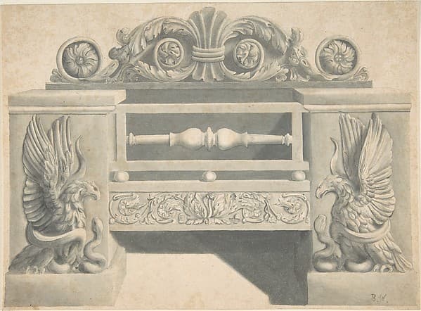 Design for Cast-iron Grate in Rococo Style with Putti Fire Dogs, by Benjamin Dean Wyatt