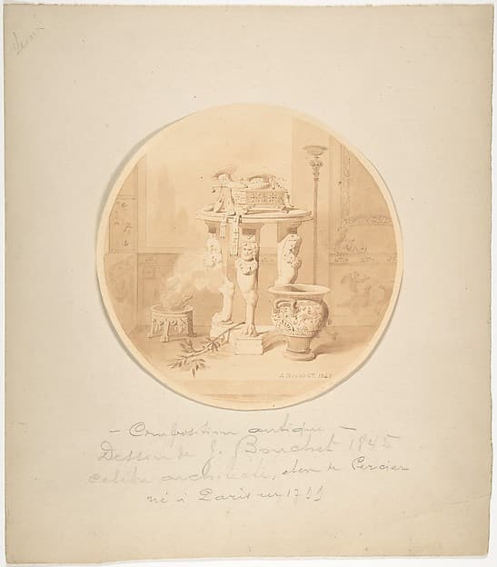 Circular Drawing of a Classical Interior with Fire in Brazier, Greek Vase and Circular Tripod Table, by Jules-Frédéric Bouchet