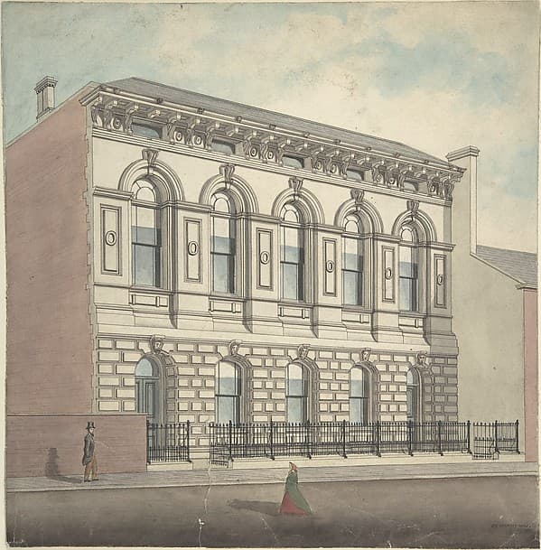Perspective elevation, from left, of stonefaced building of five bays and two stories, by J. B. Marsh