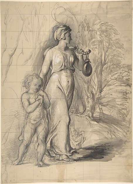 Hagar and Ishmael in the Wilderness (recto); Two portrait studies of the artist's wife, and a study of a leg and torso (verso), by George Richmond