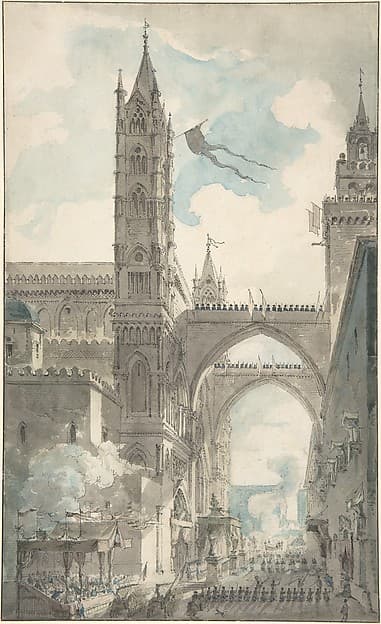 View of the Portal and Principal Entrance of the Cathedral of Palermo during the Festival of Sta. Rosalia, by Louis Jean Desprez