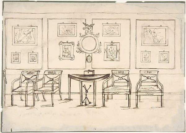 Interior with Four Armchairs, a Round Mirror, Demilune Table and Framed Prints or Drawings, by Anonymous, British, late 18th century