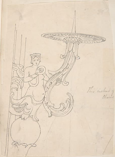 Design for Metal Candleholder Supported by a Sphinx, by Anonymous, British, 19th century