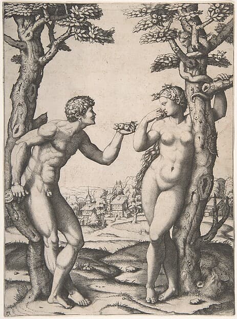 Adam and Eve flanked by two trees, a town in the background, by Marcantonio Raimondi