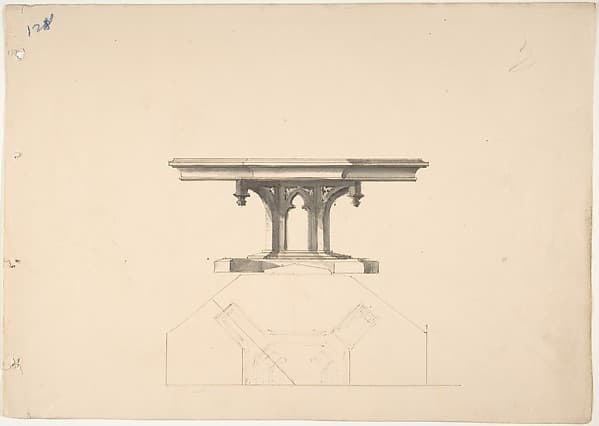Design for an Octagonal Gothic Pedestal Table: Elevation and Plan, by Anonymous, British, 19th century