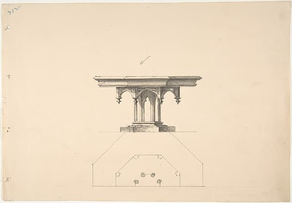 Design for an Octagonal Gothic Pedestal Table with Pendentives: Elevation and Plan, by Anonymous, British, 19th century