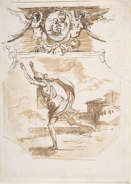 Draped Man Running; Cartouche Supported by Two Winged Victories, by Etienne de Lavallée-Poussin