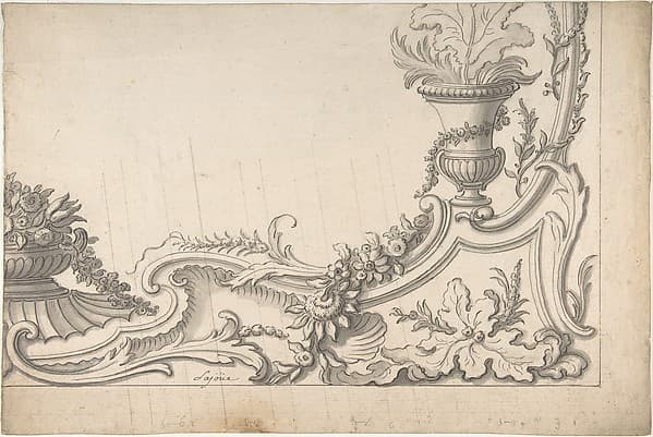 Design for the Corner of a Decoration (recto); Sketch of Monumental Building with Four Temple-Front Entrances (verso), by Jacques de Lajoüe
