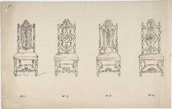 Design for Four Seventeenth Century Style Chairs, by Anonymous, British, 19th century