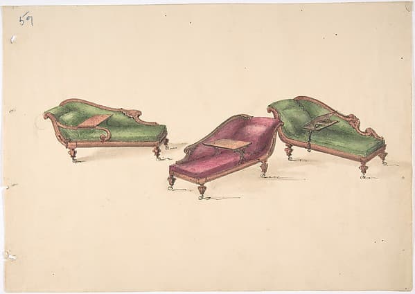 Design for Three Reclined Reading Sofas with Trays, on Casters, Upholstered in Green and Red, by Anonymous, British, 19th century