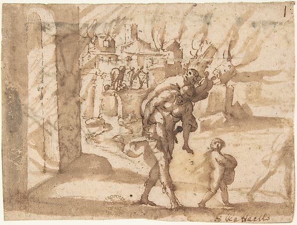 Aeneas Carrying Anchises in the Burning of Troy, by Francesco Allegrini