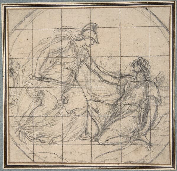 Design for a Medallion: Huntress Kneeling before an Armed Goddess, by Eustache Le Sueur