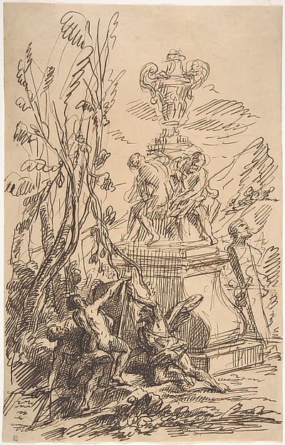 Three Men in a Landscape near Sculptures, by Martin Johann Schmidt