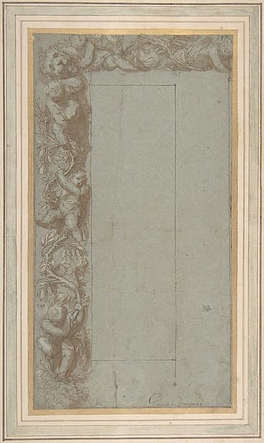 Design for Ornamental Border with Foliage, Putti and a Lion's Head, by Alessandro Allori