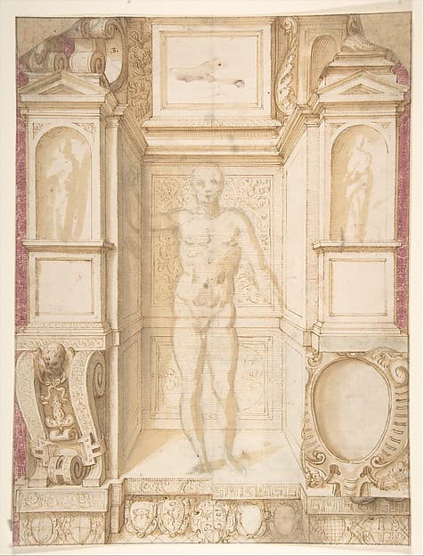 Study of a Figure in a Niche (Saint Ambrose; recto); Architectural Studies: Four Alternative Designs for Fictive Niches and an Unrelated Design with Garlands (verso), ca. 1560-67, by Giuseppe Arcimboldo