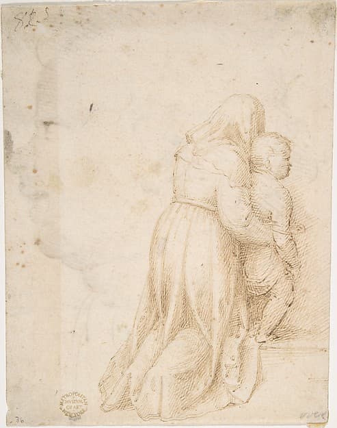 Woman and Child Kneeling (recto); Head of Child (verso), by Andrea del Sarto (Andrea d'Agnolo)