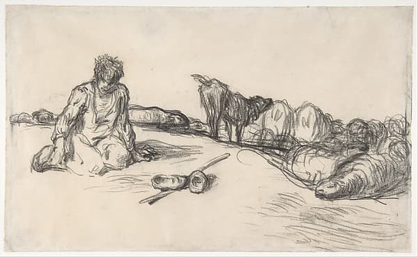 A Seated Shepherd with His Dog and Sheep, by Jean-François Millet