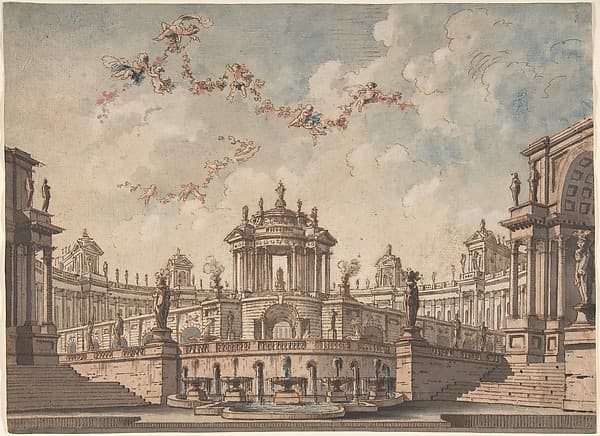 Design for a Stage Set: Semi-Circular Colonnaded Building, a Bridge Surmounted by a Tempietto, a Fountain in the Foreground and Putti Bearing Garlands., by Antonio Basoli