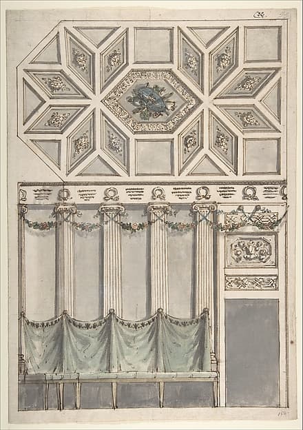 Framed Design for an Architectural Interior: Coffered Ceiling with Central Hexagonal Cartouche and Walls with Floral Ornament and Drapery., by Antonio Basoli