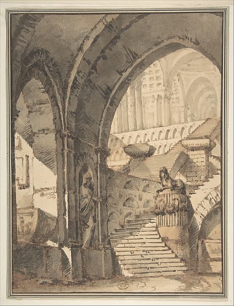 Framed Design for a Stage Set with Arches, Stairs, Human Figure and Sphinx Statue, by Mauro Berti