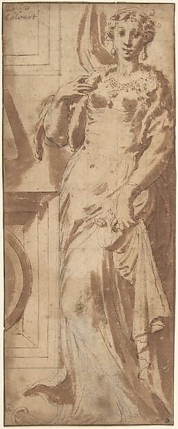 Standing Female Figure and Ornamental Framework, by Girolamo Mazzola Bedoli