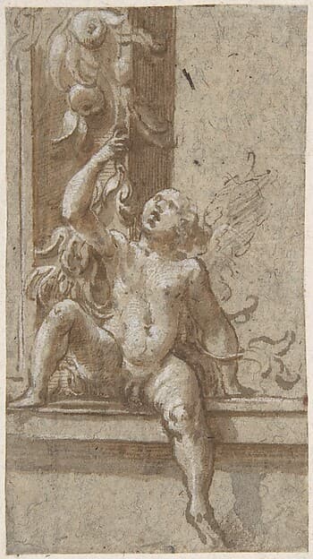 A Putto Seated on a Frame, by Girolamo Mazzola Bedoli