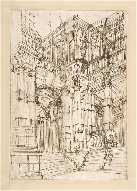 Sketch for a Stage Set: Foreshortened View of a Palace with a Figure on the Stairs, by Antonio Galli Bibiena