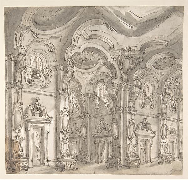 Design for a Stage Set: The Gallery of a Magnificent Palace Decorated with Mirrors, by Giuseppe Galli Bibiena
