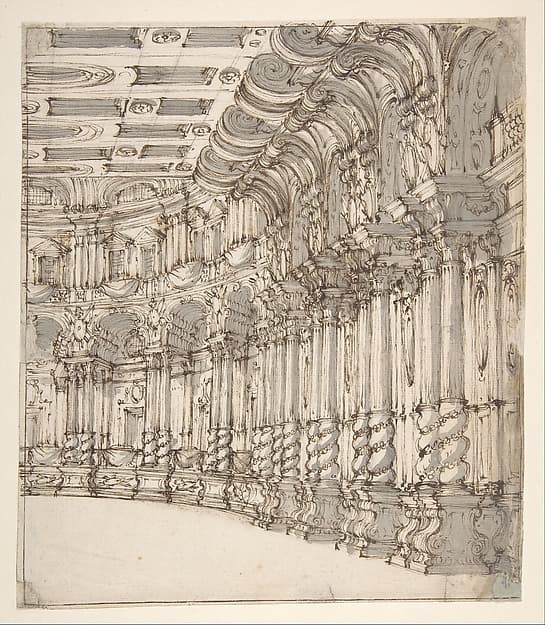 Design for a Stage Set: Interior of a Ballroom or Theater with Torqued Columns and Large Volutes Above, by Francesco Galli Bibiena