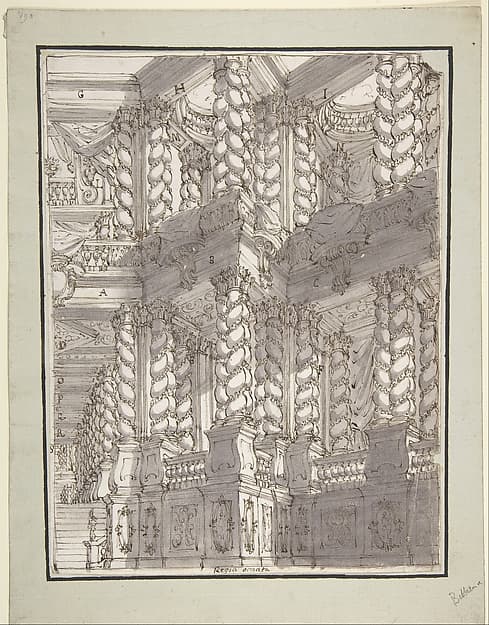 Design for Stage Set with Double Storey of Torqued Columns and Balustrades, by Francesco Galli Bibiena