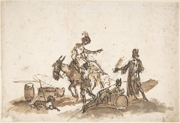 Man Assisting a Woman to Mount a Horse, with Two Other Figures and a Dog, by Giuseppe Bernardino Bison
